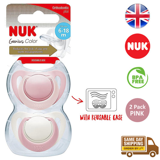 Nuk Genius Newborn Baby Dummies Soft & Flexible Silicone Pink Soothers 2Pk 6-18M