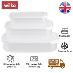Wilko Rectangle Food Storage Container Clear Plastic Picnic Lunch Box Lid 3Pk
