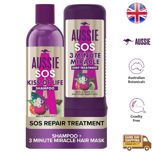Aussie Sos Kiss Of Life Shampoo & Deep Treatment For Dry Damaged Hair Mask Set
